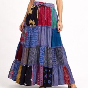 Patchwork Tiered Long Maxi Skirt Boho Hippie Rayon One Size Elastic Waist